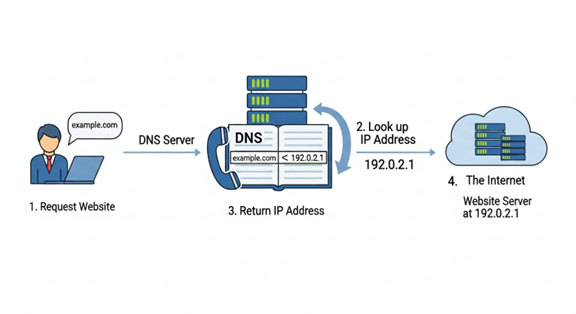 Diagram showing how DNS works: a user requests a website, the DNS server looks up the IP address and returns it, allowing the browser to connect to the website server